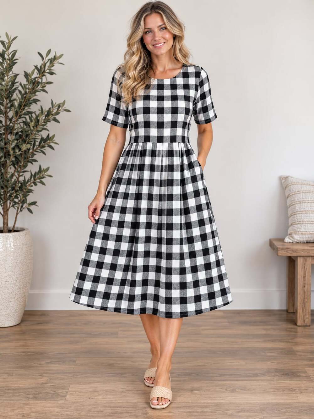 JessaKae Gingham Midi Dress L Black White Plaid Cotton Fit Flare Pockets